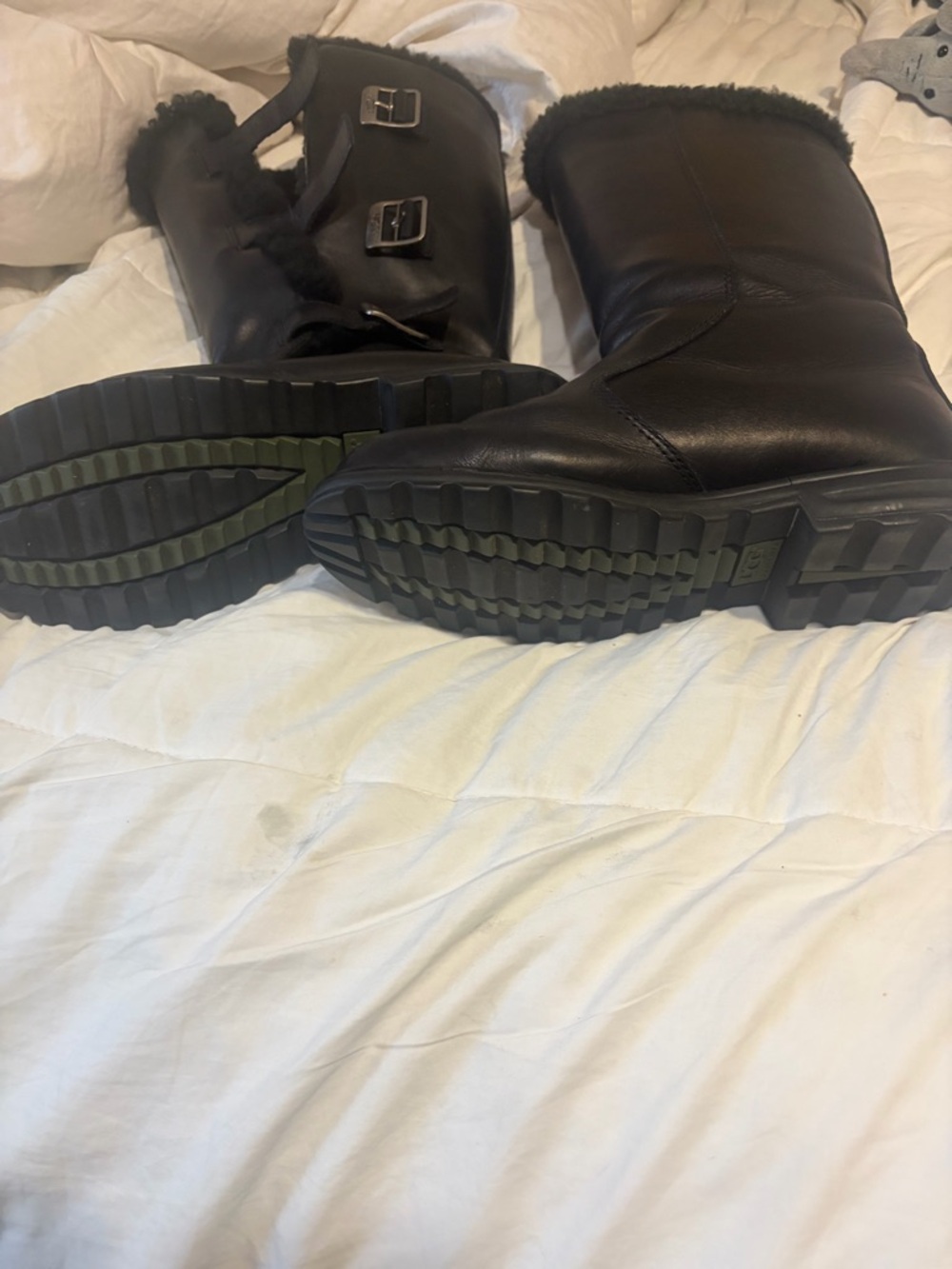 UGG Black Leather Shearling-Trim Moto Boots